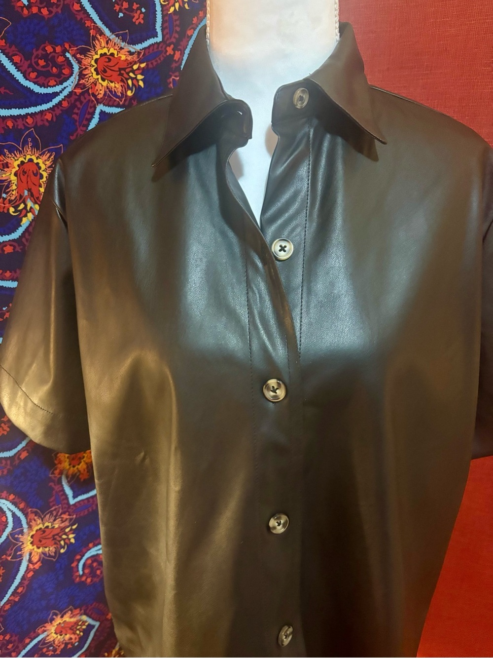 HUE Black Faux Leather Shirt - Modern Button-Up